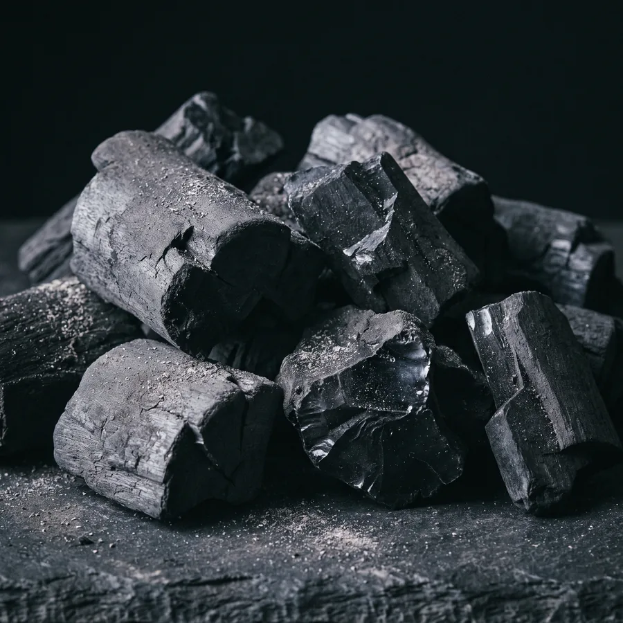 Unangezündete Holzkohlestücke auf dunklem Stein