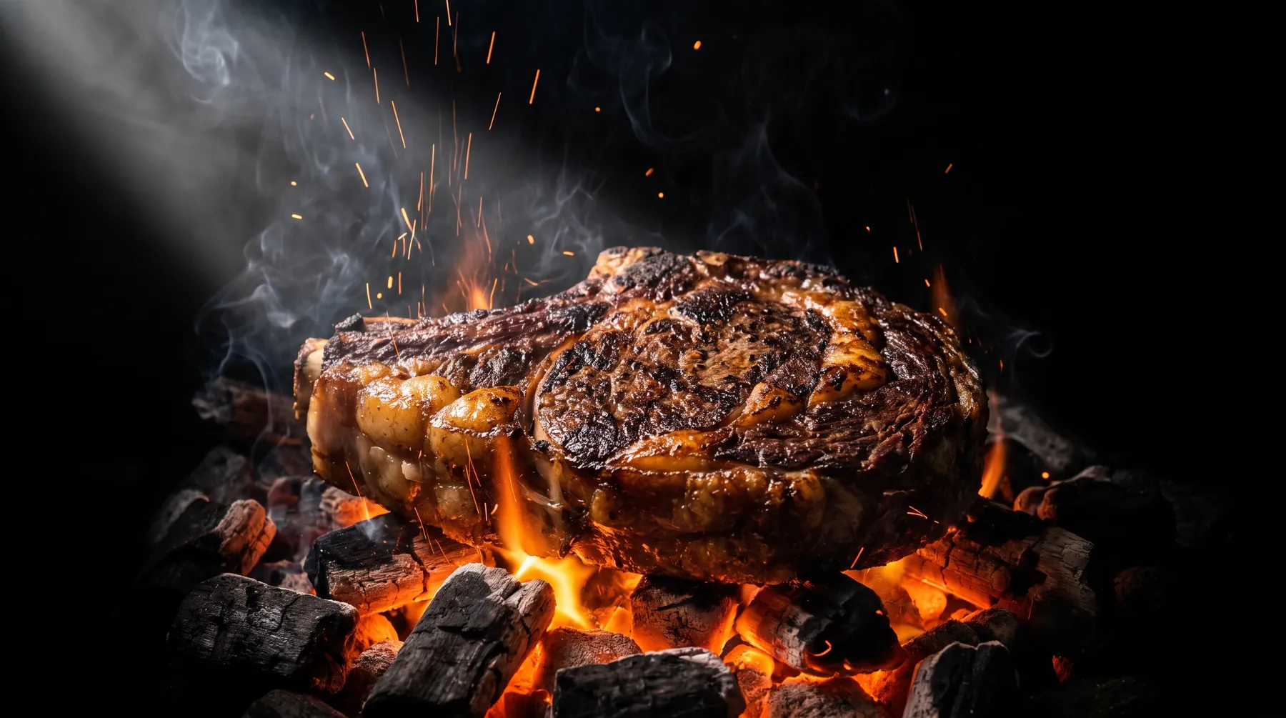 Großes Steak liegt direkt auf glühender Holzkohle, Funken steigen auf