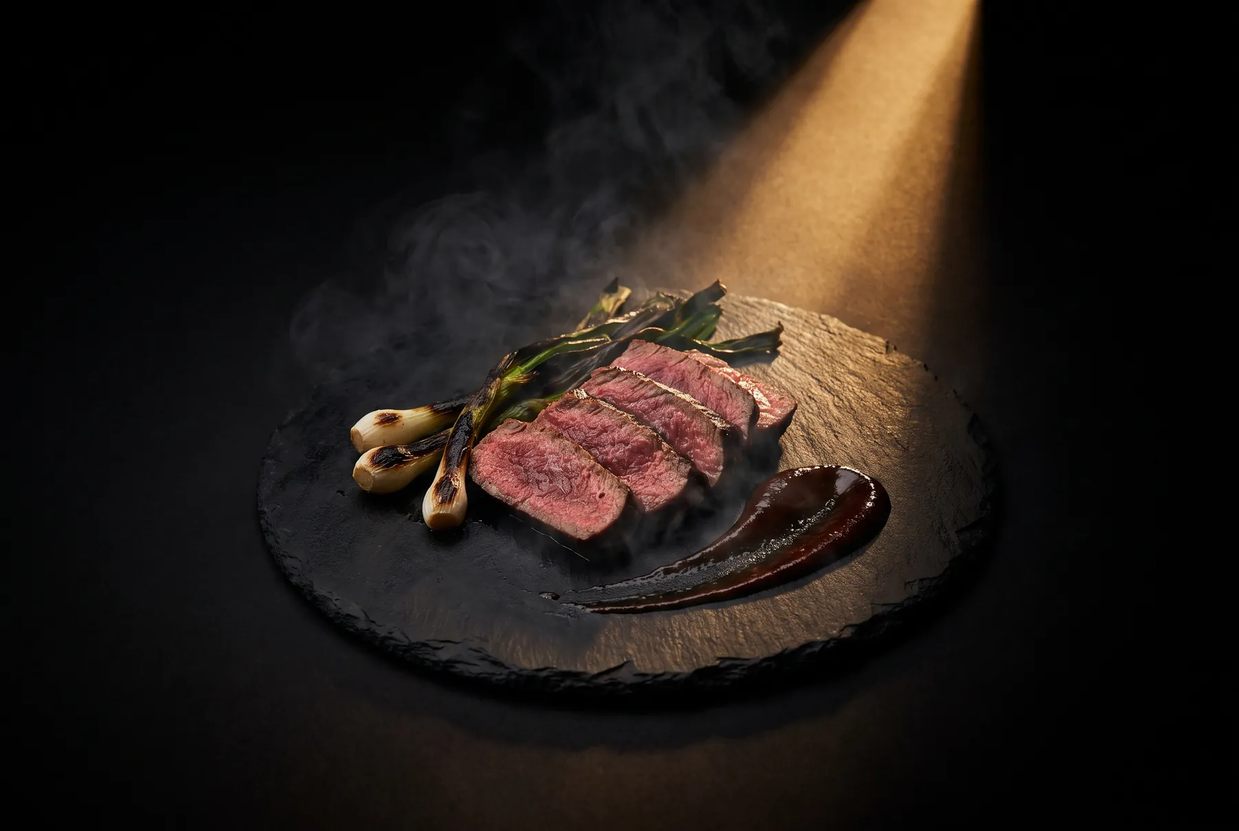 Aufgeschnittenes Steak auf einer Schieferplatte im Lichtkegel